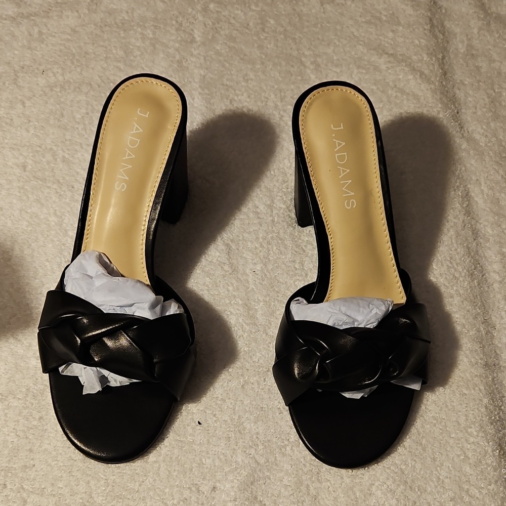 J. Adams Black PU Bow Block Heel Mules Open Toe Slip On Women's Size 6.5